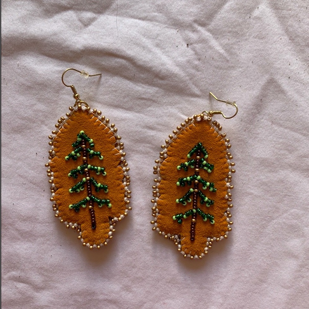 Native Handcrafted Leather Earrings with Beaded Trees